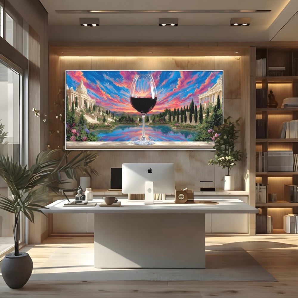 Tablou canvas cu tablou canvas cu pahar de vin si apus, in rama de aluminiu argintiu, pe perete intr-un birou